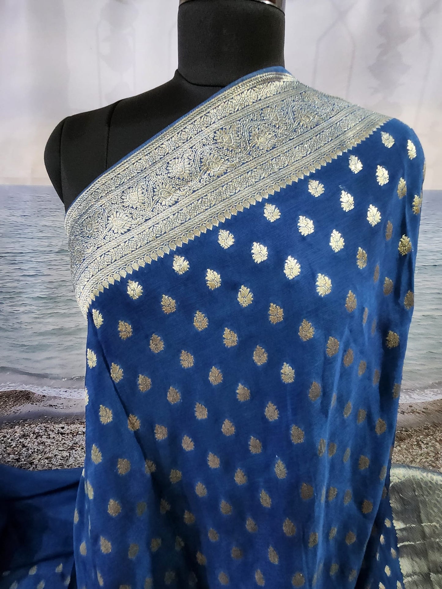 Royal Blue Pure Chinon Saree with Soft Zari Work