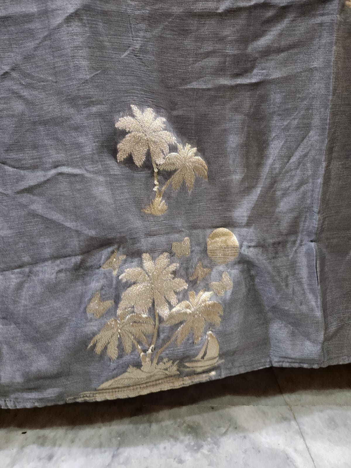Pure Chinon Silver Saree with Soft Zari Work