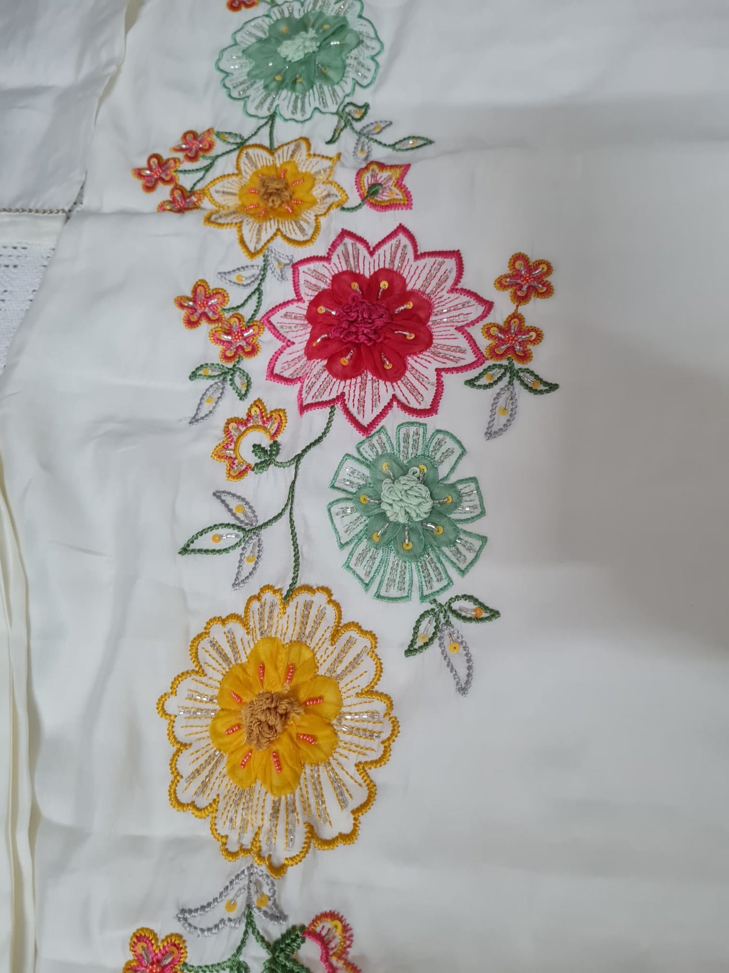 Floral White Muslin Silk 3 Piece Suit with Handwork