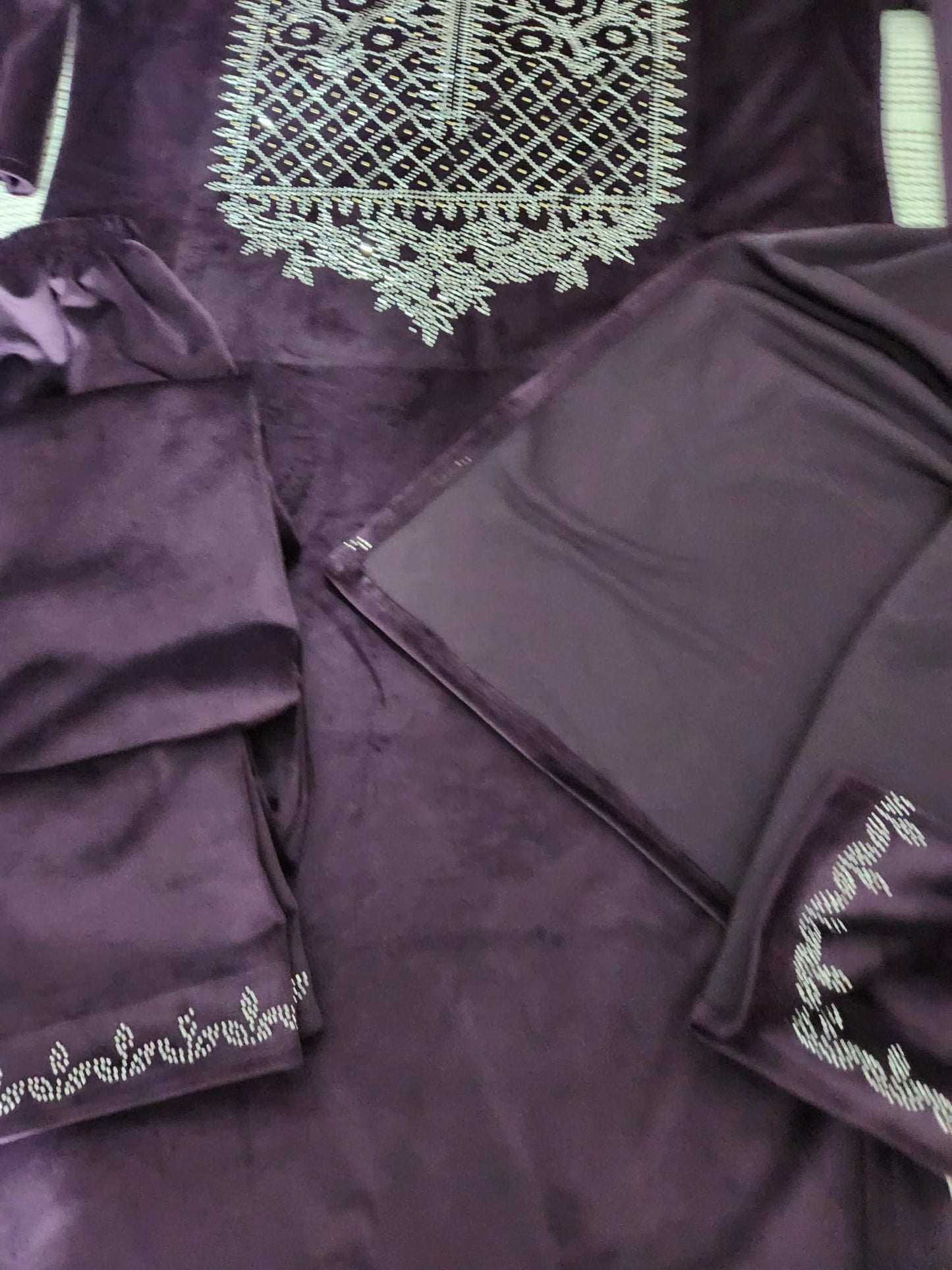 Light Weight Velvet Suits with Swarovski Work in Purple