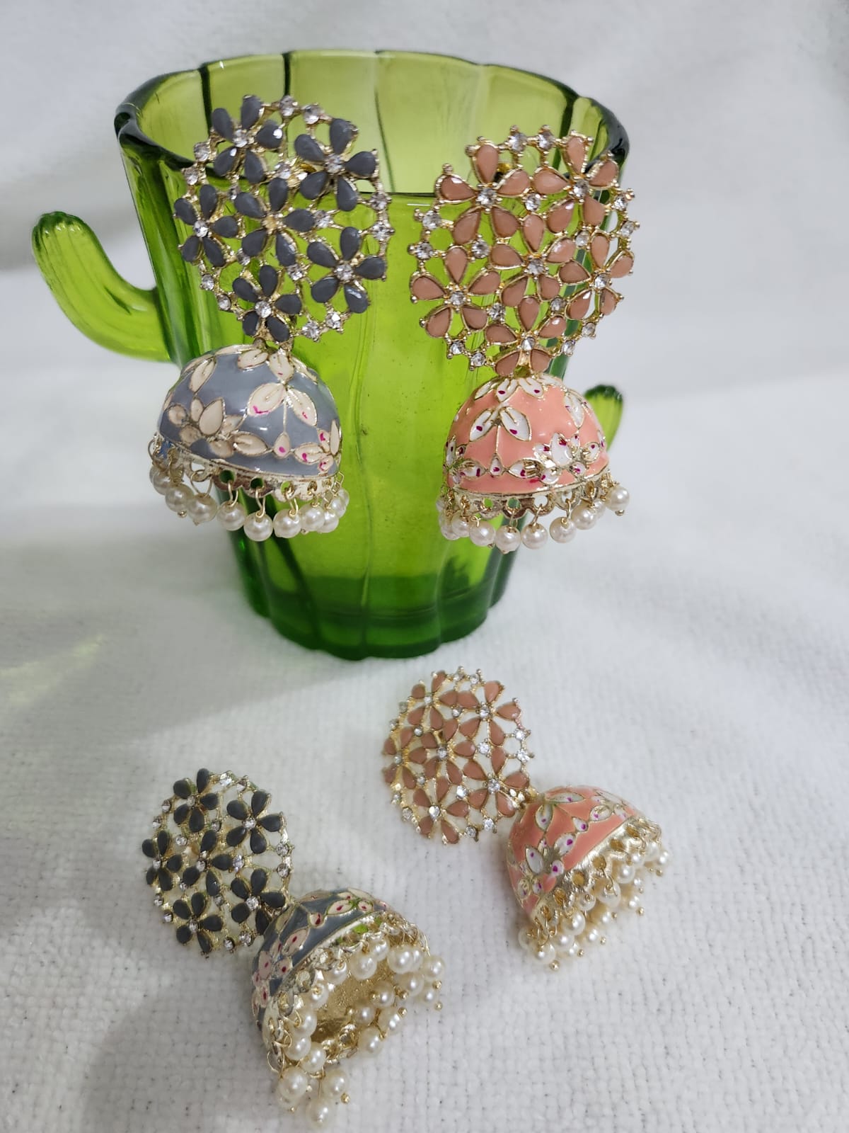 Jhumka Set with Meenkari Work in Pink and Grey