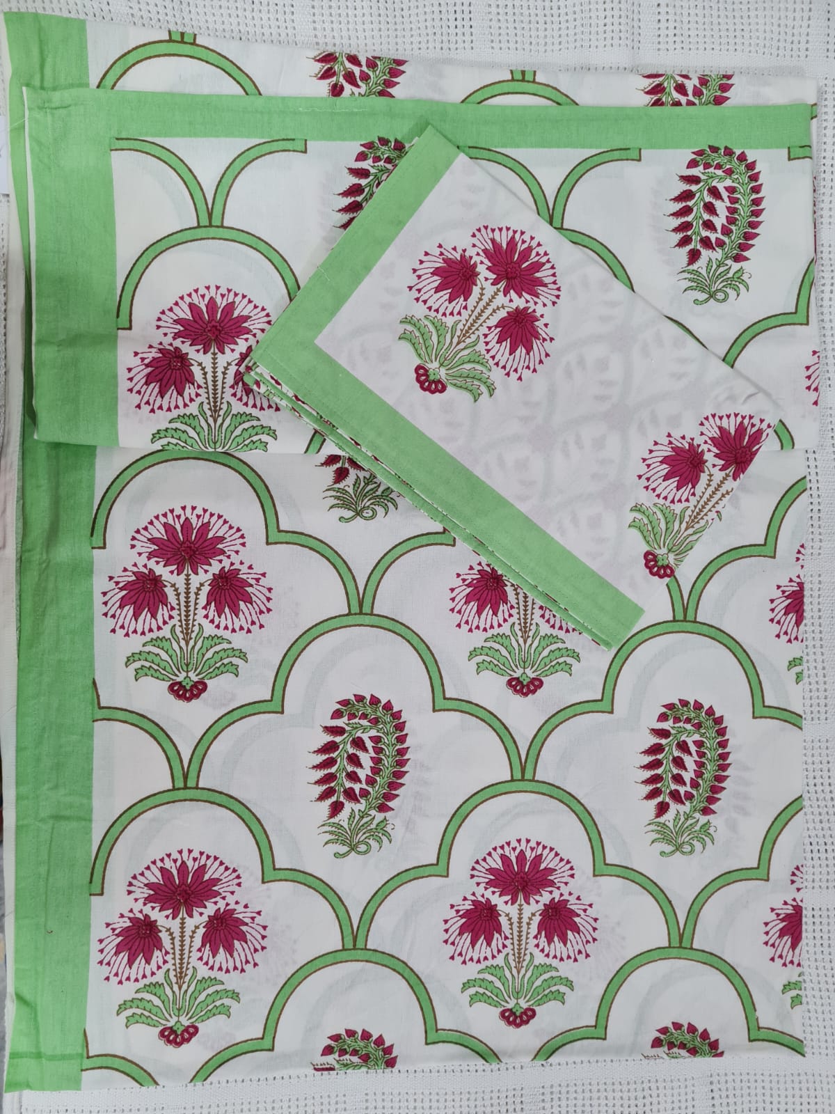 Handblock Printed Double Bed Sheets + 2 Pillow Cases in Light Green