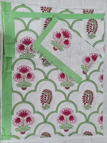 Handblock Printed Double Bed Sheets + 2 Pillow Cases in Light Green