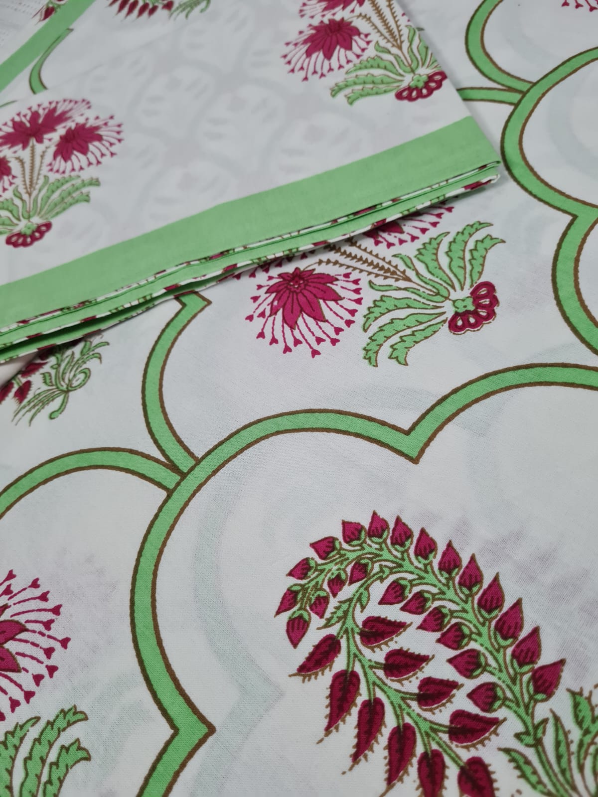 Handblock Printed Double Bed Sheets + 2 Pillow Cases in Light Green