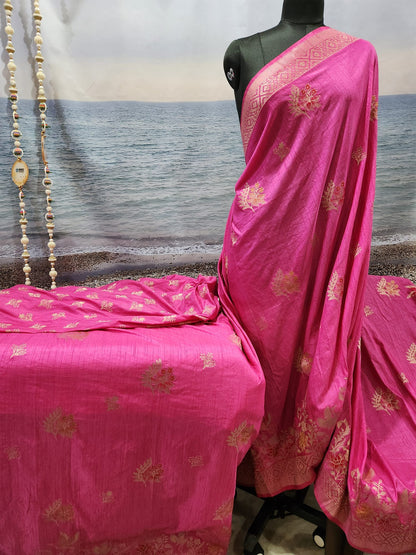 Exclusive Pink Pure Chinon Saree with Soft Zari Work