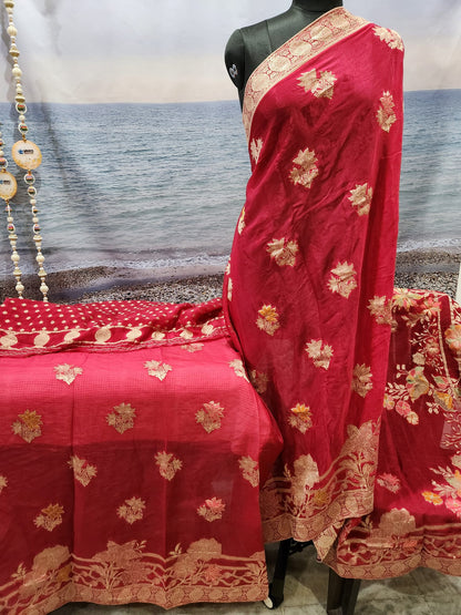 Exclusive Red Pure Chinon Saree with Soft Zari Work