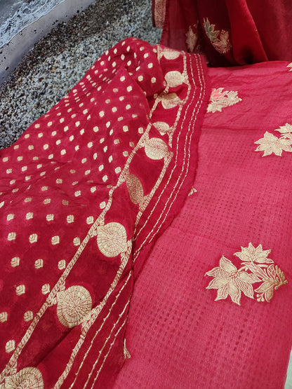 Exclusive Red Pure Chinon Saree with Soft Zari Work