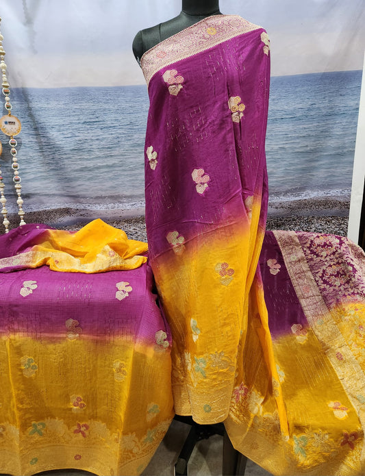 Exclusive Elegant Two Tone Pure Chinon Saree with Soft Zari Work