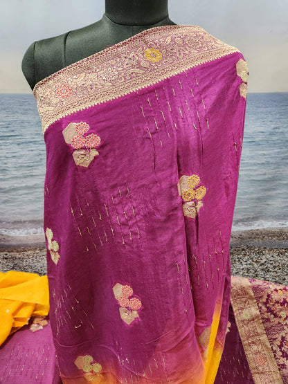 Exclusive Elegant Two Tone Pure Chinon Saree with Soft Zari Work