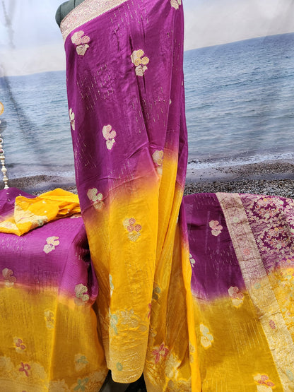 Exclusive Elegant Two Tone Pure Chinon Saree with Soft Zari Work