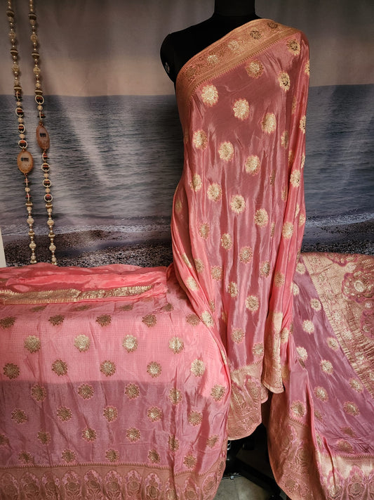 Exclusive Elegant Pink Pure Chinon with Soft Zari Work