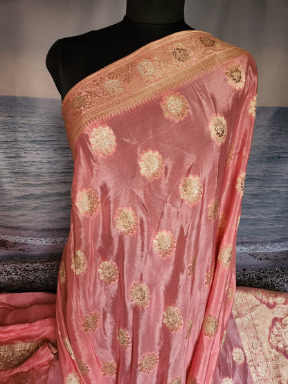 Exclusive Elegant Pink Pure Chinon with Soft Zari Work