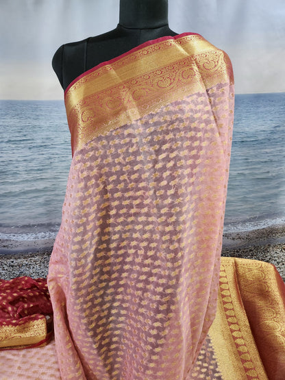 Elegant Pink Pure Georgette Saree with Soft Zari Work