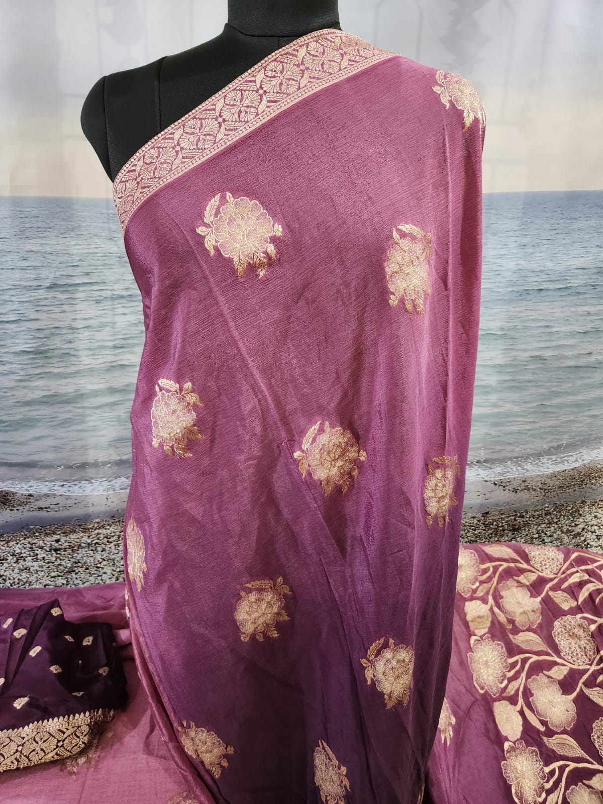 Premium Purple Pure Chinon Saree with Soft Zari Work