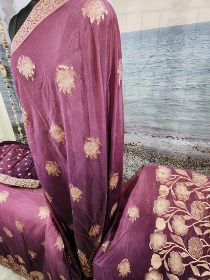 Premium Purple Pure Chinon Saree with Soft Zari Work