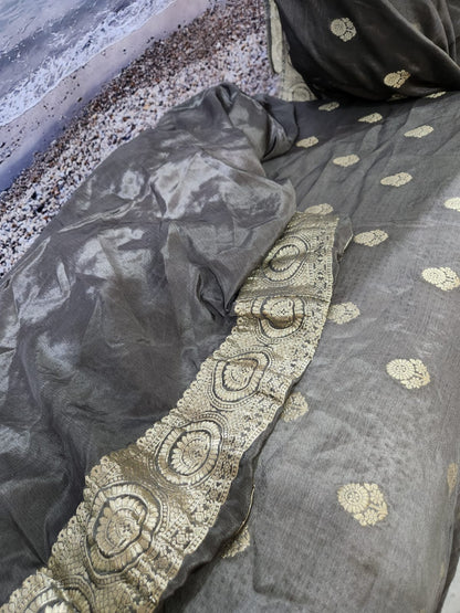 Elegant Grey Pure Chinon Saree with Soft Zari Work