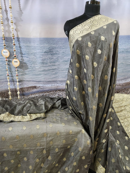 Elegant Grey Pure Chinon Saree with Soft Zari Work