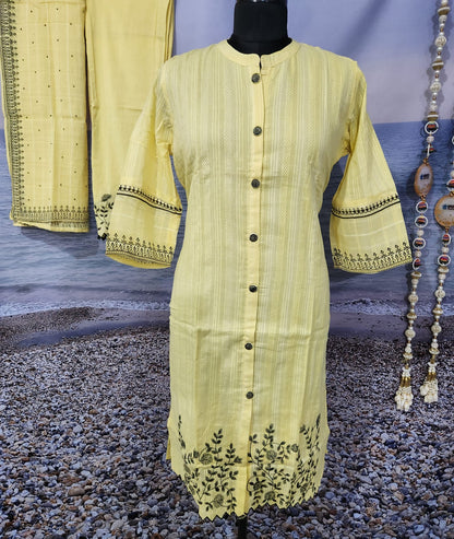 Premium Self Woven Cotton 3 Piece Suit in Yellow