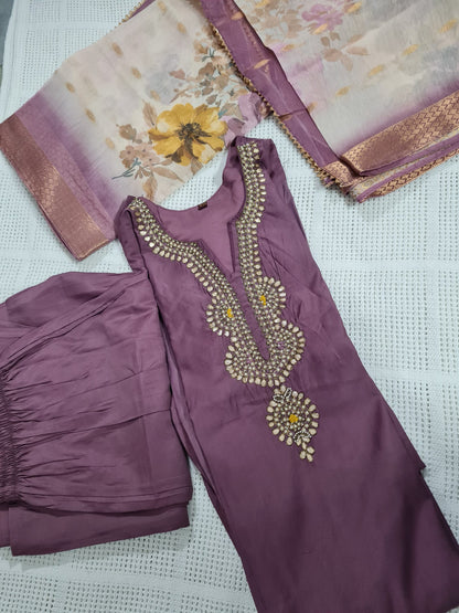 Muslin Silk 3 Piece Suit with Soft Crepe Lining in Purple