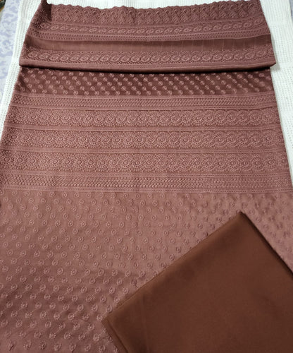 Chocolate Brown Schiffli Rayon Dress Material