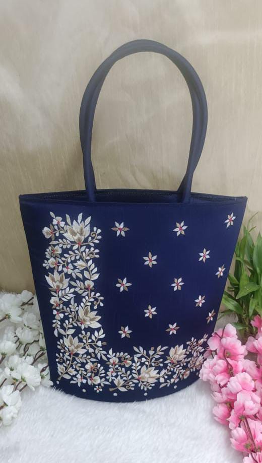 Blue Silk Bag with White Floral Design