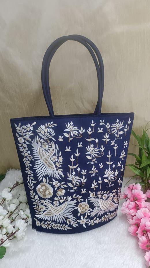 Elegant Embroidery Blue Silk Bag