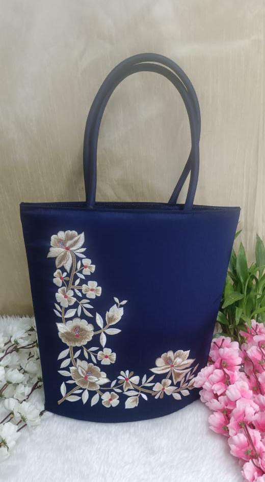 Floral Embroidery Blue Silk Bag