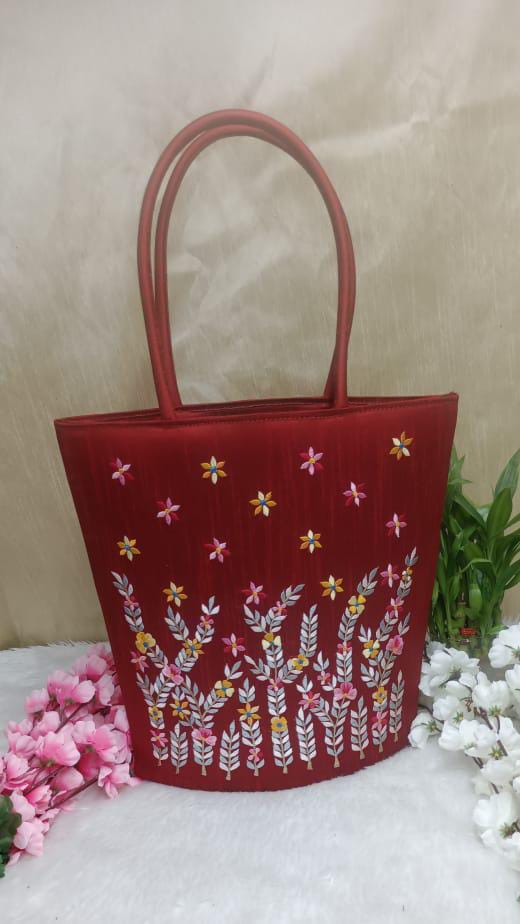 Beautiful Floral Dark Red Silk Bag