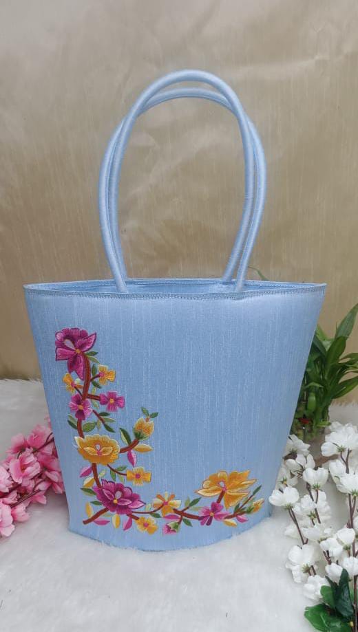 Floral Embroidery Light Blue Silk Bag