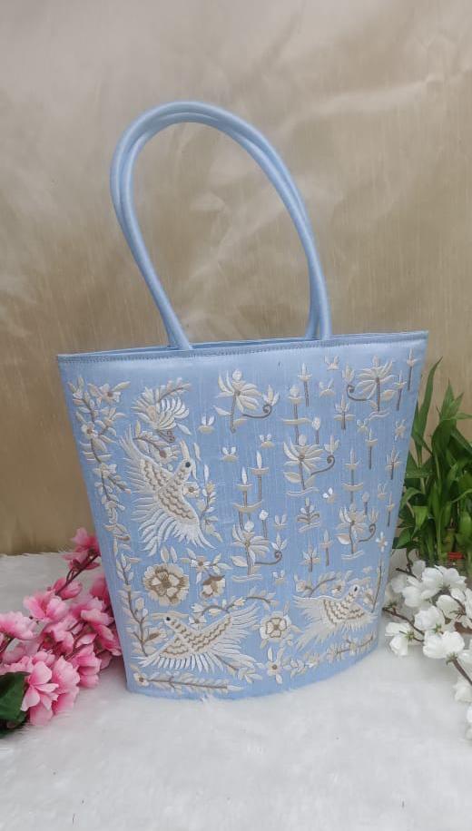 Elegant Embroidery Light Blue Silk Bag