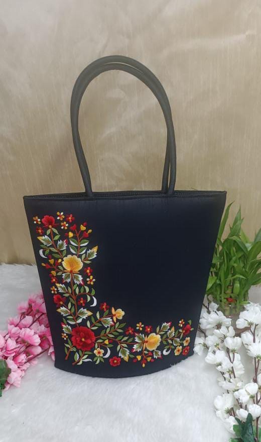 Elegant Floral Navy Blue Silk Bag