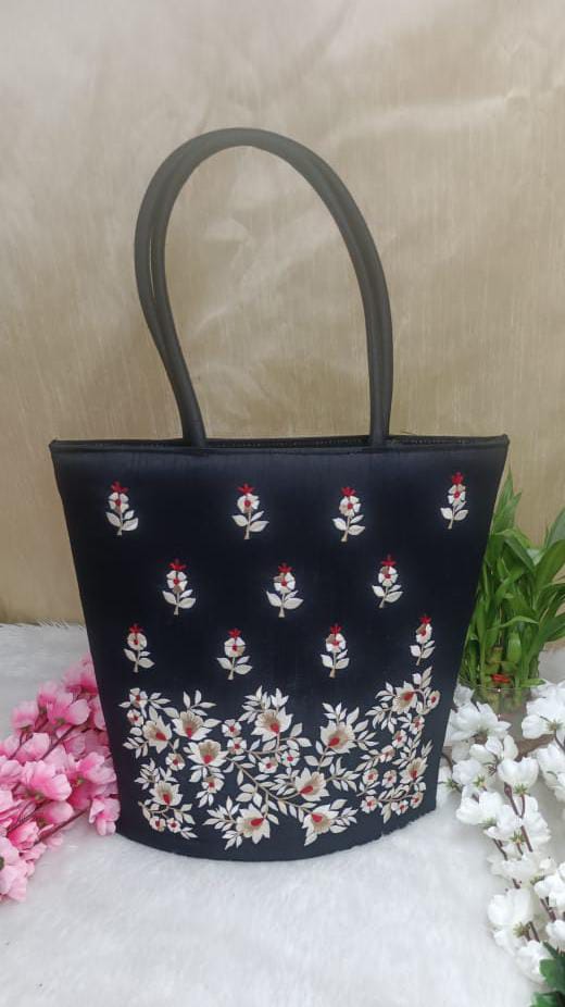 Navy Blue Silk Bag with White Embroidery