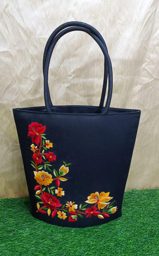 Floral Embroidery Navy Blue Silk Bag