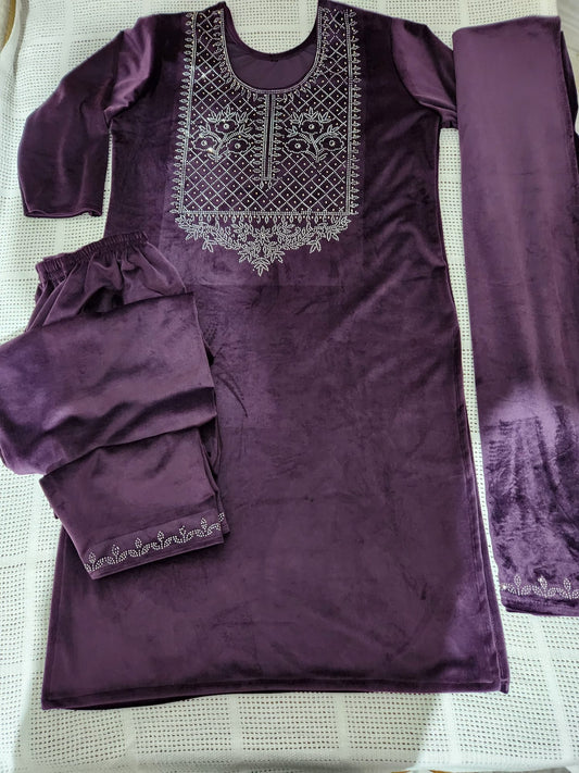 Light Weight Velvet Suits with Swarovski Work in Purple