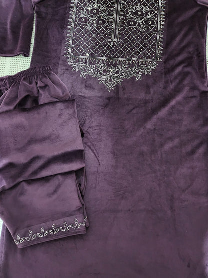 Light Weight Velvet Suits with Swarovski Work in Purple