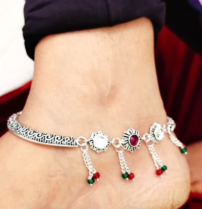 Antique German Silver Anklets / Payal with Stone Work