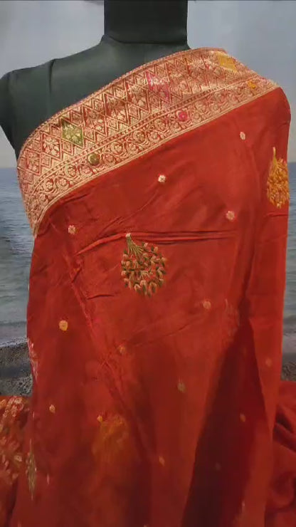 Exclusive Red Pure Chinon Saree with Soft Zari Work