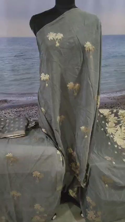 Pure Chinon Silver Saree with Soft Zari Work