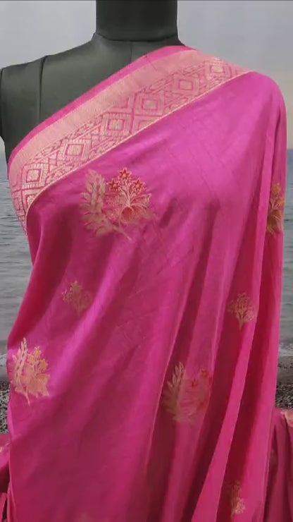 Exclusive Pink Pure Chinon Saree with Soft Zari Work